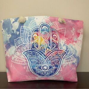 Pink blue hamsa hand print summer beach maxi tote bag with rope handles